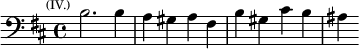 \relative b { \clef bass \key b \minor \time 4/4 \mark \markup \tiny { (IV.) } b2. b4 | a gis a fis | b gis cis b | ais }