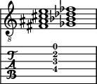  
<<
  %\override Score.BarLine.break-visibility = ##(#f #t #t)
  \time 2/1
    \new Staff  {
    \clef "treble_8"
        \once \override Staff.TimeSignature #'stencil = ##f
        <  fis ais cis' e'>1 | <  ges bes des' fes'>1 |
    }

     \new TabStaff {
       \override Stem #'transparent = ##t
       \override Beam #'transparent = ##t 
      s2 <  fis\4 ais\3 cis'\2 e'\1>1 s2
  }
>>
