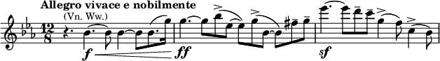 \relative c'' {\key es \major\tempo "Allegro vivace e nobilmente"\time 12/8r4.^\markup{\smaller {(Vn. Ww.)}} bes4.\f\< ~ bes8 bes4 ~ bes8 bes8.( g'16\!) g4.\ff ~ g8 bes->( es, ~ es) g->( bes, ~ bes) fis'-- g-- es'4.\sf ~ es8 d-- c-- g4->( f8) c4->( bes8)}