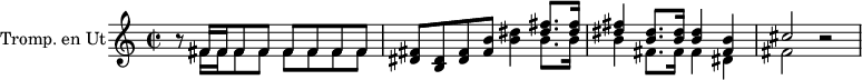 
\relative c' {
\clef G
\key c \major
\time 2/2
\set Score.tempoHideNote = ##t
    \tempo 4 = 120
\set Staff.midiInstrument = #"trumpet"
\set Staff.instrumentName = #"Tromp. en Ut"
r8
<<
  { fis16 fis fis8 fis fis fis fis fis }
  \\
  { fis16 fis fis8 fis fis fis fis fis }
>>
  <dis fis> <b dis> <dis fis> <fis b> <b dis>4 
 << 
    { <dis fis>8. <dis fis>16
  <dis fis>4 <b dis>8. <b dis>16 <b dis>4 <fis b>4 | cis'2 }
     \\
    { b8. b16
  b4 fis8. fis16 fis4 dis | fis2 }
  >>
  r2
}
\layout {
  indent = 2\cm
  \context {
    \Score
    \remove "Bar_number_engraver"
  }
}
