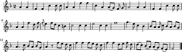 
\relative c'' {
  \override Rest #'style = #'classical
  \key f \major
  \override Staff.TimeSignature #'style = #'single-digit
  \time 2/2
  \partial 2
  \autoBeamOff
  a a
  f f c' c8 c
  a4 a f' f
  c a a8[( g]) f g
  a2 a4 a
  f f c' c8 c

  a4 a f' d8 f
  \appoggiatura f e4 f8[ d] c4 b
  c2 c4 c
  e2 c4 c
  f1
  g4. e8 c4 bes
  bes8[ a] a c bes[ a] bes[ g]

  a4. c8 bes[ a] bes[ g]
  a4 r f'8[ e] d c
  f4 f f8[ e] d c
  f4 f d8[ e] f d
  d[( c]) bes[( a]) a[( g]) f[( e])
  f2
  \bar "|."
}
