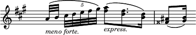 
\language "italiano"
melody = \relative do''{
  \clef treble
  \key la \major
  \time 9/16
  \override Staff.TimeSignature.transparent = ##t
  la32[\(_\markup \italic {  meno forte. } si] \tupletUp \tuplet 5/4 { \stemDown dod32[ re mi fad sold]\) } <la fad>8[(_\markup \italic { express. } <fad re>8. <re si>16]) |
  \stemUp <lad fadd>8( <si sold>16) 
}
\score {
  <<
    \new Voice = "mel"
    { \melody }
  >>
  \layout {
    \context { \Staff \RemoveEmptyStaves }
    indent = 0.0\cm
    \override Score.BarNumber #'stencil = ##f
    line-width = #120
    \set fontSize = #-1
  }
}
\header { tagline = ##f}