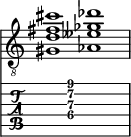  
<<
  %\override Score.BarLine.break-visibility = ##(#f #t #t)
  \time 2/1
    \new Staff  {
    \clef "treble_8"
        \once \override Staff.TimeSignature #'stencil = ##f
        <  gis d' fis' cis''>1 | <  aes eeses' ges' des''>1 |
    }

     \new TabStaff {
       \override Stem #'transparent = ##t
       \override Beam #'transparent = ##t 
      s2 <  gis\4 d'\3 fis'\2 cis''\1>1 s2
  }
>>
