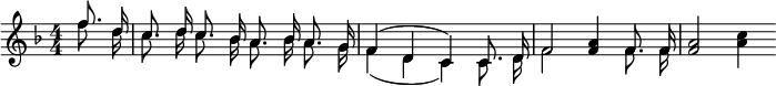 
    \relative c' { 
    \key f \major \time 4/4
    \numericTimeSignature
    \override Score.BarNumber #'break-visibility = #'#(#f #f #f)
    \set doubleSlurs = ##t
    \partial 4 << { \autoBeamOff f'8. d16
    c8. d16 c8. bes16 a8. bes16 a8. g16
    f4( d c) c8. d16
    f2 } \\
    { \autoBeamOff f'8. d16
    c8. d16 c8. bes16 a8. bes16 a8. g16
    f4( d c) c8. d16
    f2 }
    >>
    < f a >4 << { \autoBeamOff f8. f16 } \\ { \autoBeamOff f8. f16 } >>
    <f a>2 <a c>4
	}
