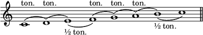 
\relative c' {
  \override Staff.TimeSignature #'stencil = ##f
  \cadenzaOn \textLengthOn
  c1^(^"ton."
  d)^(^"ton."
  e)_(_"½ ton."
  f)^(^"ton."
  g)^(^"ton."
  a)^(^"ton."
  b)_(_"½ ton."
  c)
  \bar "||"
}
