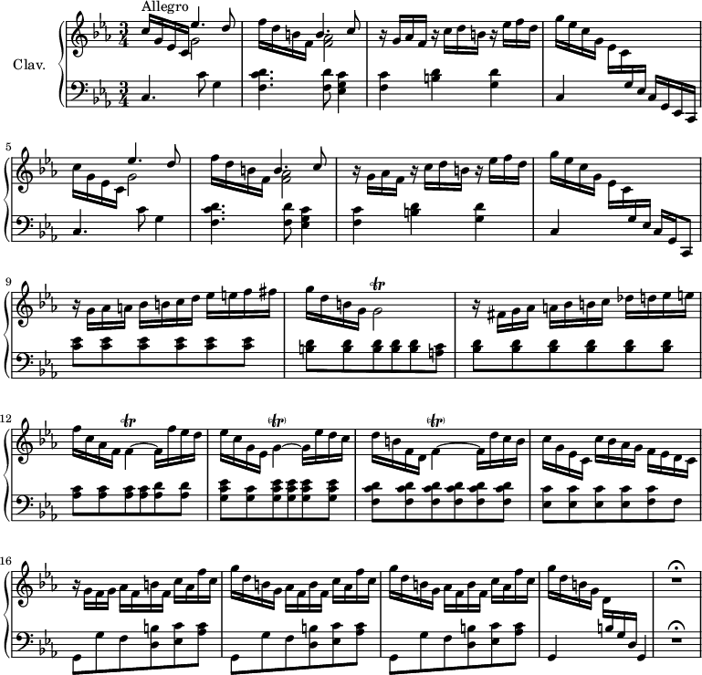 
\version "2.18.2"
\header {
 tagline = ##f
}

% petites notes
prallF = { \tag #'print { f8.-\parenthesize\prall } \tag #'midi { g32 f g f~ f16 } }
prallG = { \tag #'print { g2\trill } \tag #'midi { aes32 g aes g aes g~ g16~ g4 } } 
prallF = { \tag #'print { f4~\trill } \tag #'midi { g32 f g f g f~ f16~ } } 

prallGpar = { \tag #'print { g4~-\parenthesize\trill } \tag #'midi { aes32 g aes g aes g~ g16~ } } 
prallFpar = { \tag #'print { f4~-\parenthesize\trill } \tag #'midi { g32 f g f g f~ f16~ } } 

upper = \relative c'' {
 \clef treble 
 \key c \minor
 \time 3/4
 \tempo 4 = 115
 \set Staff.midiInstrument = #"harpsichord"

 c16^\markup{Allegro} g ees c << { ees'4. d8 } \\ { g,2 } >> | f'16 d b f << { b4. c8 } \\ { < f, aes >2 } >> | r16 g16 aes f r16 c'16 d b r16 ees16 f d | 
 % ms. 4
 g16 ees c g ees c \stemUp \change Staff = "lower" g16 ees s4 | \stemDown \change Staff = "upper" c''16 g ees c << { ees'4. d8 } \\ { g,2 } >> | f'16 d b f << { b4. c8 } \\ { < f, aes >2 } >> | r16 g16 aes f r16 c'16 d b r16 ees16 f d | 
 % ms. 8
 g16 ees c g ees c \stemUp \change Staff = "lower" g16 ees s4 | \stemDown \change Staff = "upper" r16 g'16 aes a bes b c d ees e f fis | g d b g \prallG | 
 % ms. 11
 r16 fis16 g aes a bes b c des d ees e | f c aes f \prallF f16 f' ees d | ees16 c g ees \prallGpar g16 ees' d c |
 % ms. 14
 d16 b f d \prallFpar f16 d' c b | c g ees c c' bes aes g f ees d c | r16 g'16 f g aes f b f c' aes f' c |
 % ms. 17
 \repeat unfold 2 { g'16 d b g aes f b f c' aes f' c } | g'16 d b g d \stemUp \change Staff = "lower" b g d s4 | 
 \change Staff = "upper"
 R2.\fermata

}

lower = \relative c {
 \clef bass
 \key c \minor
 \time 3/4
 \set Staff.midiInstrument = #"harpsichord"

 % **************************************
 c4. c'8 g4 | < f c' d >4. < f d' >8 < ees g c >4 | < f c' >4 < b d > < g d' > |
 % ms. 4
 c,4 s4 c16 g ees \tempo 4 = 40 c | \tempo 4 = 115 c'4. c'8 g4 | < f c' d >4. < f d' >8 < ees g c >4 | < f c' >4 < b d > < g d' > |
 % ms. 8
 c,4 s4 c16 g \tempo 4 = 40 c,8 | \tempo 4 = 115 \repeat unfold 6 { < c'' ees >8 } | \repeat unfold 5 { < b d >8 } < a c >8 | 
 % ms. 11
 \repeat unfold 6 { < bes d >8 } | \repeat unfold 4 { < aes c >8 } < aes d >8 q | < g c ees >8 < g c > < g c ees > q q q |
 % ms. 14
 \repeat unfold 6 { < f c' d >8 } | \repeat unfold 4 { < ees c' >8 } < f c' > f | \repeat unfold 3 { g,8 g' f < d b' >8 < ees c' > < aes c > } | g,4 s4 g | | R2.\fermata
} 

thePianoStaff = \new PianoStaff <<
 \set PianoStaff.instrumentName = #"Clav."
 \new Staff = "upper" \upper
 \new Staff = "lower" \lower
 >>

\score {
 \keepWithTag #'print \thePianoStaff
 \layout {
 #(layout-set-staff-size 17)
 \context {
 \Score
 \override SpacingSpanner.common-shortest-duration = #(ly:make-moment 1/2)
 \remove "Metronome_mark_engraver"
 }
 }
}

\score {
 \keepWithTag #'midi \thePianoStaff
 \midi { }
}
