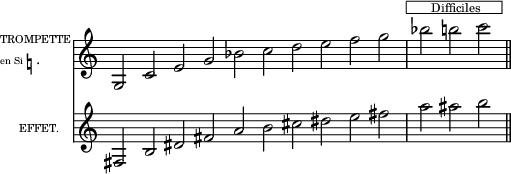 
\language "italiano"
upper = \relative do' {
\clef bass
\key do \major
\override Staff.TimeSignature #'stencil = ##f
\cadenzaOn
\clef treble sol2 do mi sol sib do re mi fa sol \bar "|" sib^\markup { \fontsize #-2 \halign #-0.7 \box \column {
  \line {"       Difficiles      "}}}
si! do \bar "||"
}%upper
lower = \relative do {
\clef treble
\key do \major
\override Staff.TimeSignature #'stencil = ##f
\cadenzaOn
fad2 si red fad la si dod red mi fad la lad si \bar "||"
}%lower
\score {
<<  
  \new ChoirStaff \with {
    instrumentName = \markup {
  \column {
    \line { \fontsize #-3 "TROMPETTE" }
    \line { \fontsize #-4 "en Si"\natural"." }
  } } }
   \upper
  \new ChoirStaff \with {
    instrumentName = \markup {\fontsize #-3 "EFFET.    " }
  }
\lower
>>
\layout{
  indent = 1\cm
  line-width = #120
  \set fontSize = #0
} %layout
} %score
\header { tagline = ##f}
