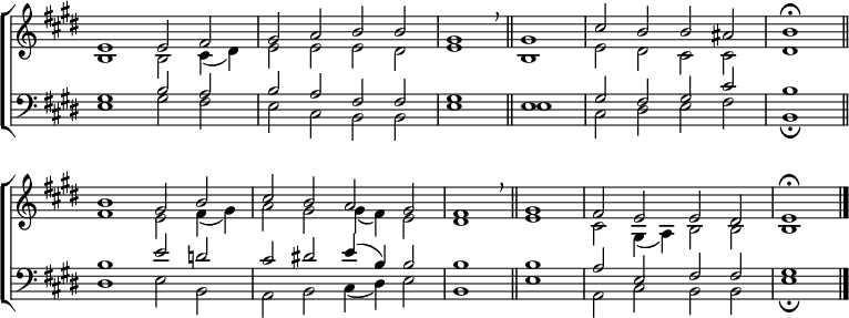 
\new ChoirStaff <<
  \new Staff { \clef treble \time 4/2 \key e \major \set Staff.midiInstrument = "church organ" \omit Staff.TimeSignature \set Score.tempoHideNote = ##t \override Score.BarNumber  #'transparent = ##t 
  \relative c'
  << { e1 e2 fis | gis a b b | gis1 \breathe \bar"||" gis | cis2 b b ais | \time 2/2 b1 \fermata \bar"||" \break
     \time 4/2 b gis2 b | cis b a gis | fis1 \breathe \bar"||" gis | fis2 e e dis | e1 \fermata \bar"|." } \\
  { b1 b2 cis4( dis) | e2 e e dis | e1 b | e2 dis cis cis | dis1
    fis e2 fis4( gis) | a2 gis gis4( fis) e2 | dis1 e | cis2 gis4( a) b2 b | b1 } >>
  } 
\new Staff { \clef bass \key e \major \set Staff.midiInstrument = "church organ" \omit Staff.TimeSignature
  \relative c'
  << { gis1 | b2 a | b a fis fis | gis1 e | gis2 fis gis cis | b1
       b1 e2 d) | cis dis! e4( b) b2 | b1 b | a2 e fis fis | gis1 } \\
  { e1 gis2 fis | e cis b b | e1 e | cis2 dis e fis | b,1 \fermata
    dis e2 b | a b cis4( dis) e2 | b1 e | a,2 cis b b | e1 \fermata } >>
  } 
>>
\layout { indent = #0 }
\midi { \tempo 2 = 66 }
