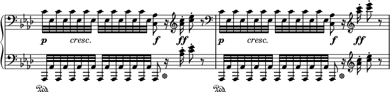 
 \relative c' {
  \new PianoStaff <<
   \new Staff \with { \remove "Time_signature_engraver" } { \key aes \major \time 4/4 \clef bass
    \override Score.NonMusicalPaperColumn #'line-break-permission = ##f
    c32 es, c' es, c' es, c' es, c' es, c' es, c' es, c' es,
    <aes c,>8 r16 \clef treble <c'aes>-. <es c>8-. r \clef bass
    c,32 es, c' es, c' es, c' es, c' es, c' es, c' es, c' es,
    <aes c,>8 r16 \clef treble <c'' aes>-. <es c>8-. r
   }
   \new Dynamics {
    s8\p s16\cresc s\! s4 s8\f s16 s\ff s4 s8\p s16\cresc s\! s4 s8\f s16 s\ff
   }
   \new Staff \with { \remove "Time_signature_engraver" } { \key aes \major \time 4/4 \clef bass
    aes,,,,,32\sustainOn aes' aes, aes' aes, aes' aes, aes' aes, aes' aes, aes' aes, aes' aes, aes'
    aes,8 r16\sustainOff <c'' aes>-. <es c>8-. r
    aes,,,32\sustainOn aes' aes, aes' aes, aes' aes, aes' aes, aes' aes, aes' aes, aes' aes, aes'
    aes,8 r16\sustainOff \clef treble <c''' aes>-. <es c>8-. r
   }
  >>
 }
