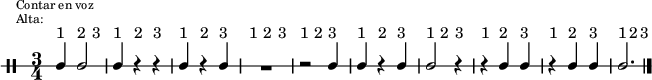 \new DrumStaff {
  \override TextScript #'staff-padding = #4
  \override Staff.StaffSymbol #'line-count = #1
  \once \override Score.RehearsalMark #'extra-offset = #'(0 . 2)
  \mark \markup \tiny { \right-align
                        \column {
                          \line {"Contar en voz"}
                          \line {"Alta:"}
                        }
  }
  \time 3/4
  \override Score.MetronomeMark #'stencil = ##f
  \tempo 4 = 60
  <<
    \repeat unfold 10 {s4^"1" s^"2" s^"3"}
    \new DrumVoice {
      \stemUp
      \drummode {ssh4 ssh2 | ssh4 r r | ssh r ssh | R2. | r2 ssh4 | ssh r ssh | ssh2 r4 | r4 ssh ssh | r ssh ssh | ssh2. }
      \bar "|."
    }
  >>
}