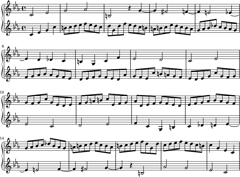 
{
   \new PianoStaff 
   \relative c' <<

    \new Staff { \key c \minor \relative c'
   \once \override Score.MetronomeMark #'transparent = ##t
   \tempo 4=160  

      c2 ees | g aes | b, r4 g'~ | g fis2 f4 ~ | 
      f e2 ees4~ | ees d des c | b g c f | ees2 d | 
      c ees | g8 f g c g ees d ees | f g a b c ees, f g | aes d, ees f g f ees d |
      ees f g aes bes aes g f | g aes bes c des bes aes g | a b c d ees c b a | b c d ees f d g, d' |
      c d ees f ees d c b | c4 g ees c
    }
    \new Staff { \key c \minor \relative c'
      c4 ees g c | b8 c d ees f ees d c | d g, d' f ees d c b | a b c ees d c b a | 
      g aes bes des c bes aes g| f g  aes bes aes g f ees | d ees f g f ees d aes' | g f ees c' b a g f| 
      ees d ees g c g f g| ees2 c | d ees | f4 c g b |
      c des d ees ~ | ees e2 f4~ | f fis2 g4~| g r b,2 |
      aes' g | ees c
    }
  >>
}
