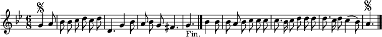 
\relative c'' {
\override Rest #'style = #'classical
  \key g \minor
  \time 6/8
  \autoBeamOff
  \partial 4.
  g4\segno a8
  bes bes c d c d
  d,4. g4 bes8
  a bes g fis4.
  g4._"Fin." \bar "|." bes4 bes8
  bes a bes c c c
  c8. bes16 c8 d d d
  d8. c16 d8 c4( bes8)
  a4.\segno
  \bar "|."
}
