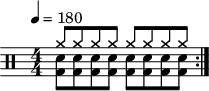 \version "2.22.0"\header { tagline = ##f}\score {  \drums \with {midiInstrument = "drums"}  \with { \numericTimeSignature }  {    \tempo 4 = 180    \repeat volta 2 {      <<{cymra8 cymra cymra cymra cymra cymra cymra cymra}\\{<bd sne>8 <bd sne>8 <bd sne>8 <bd sne>8 <bd sne>8 <bd sne>8 <bd sne>8 <bd sne>8 }>>\break    }  }  \layout {}}\score {  \unfoldRepeats {    \drums \with {midiInstrument = "drums"}{      \repeat volta 2 {        <<{cymra8 cymra cymra cymra cymra cymra cymra cymra}\\{<bd sne>8 <bd sne>8 <bd sne>8 <bd sne>8 <bd sne>8 <bd sne>8 <bd sne>8 <bd sne>8 }>>\break      }    }  }  \midi { \tempo  4 = 180 }}