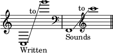 { \override Staff.TimeSignature #'stencil = ##f \time 2/1 c1_"Written"\glissando g'''^\markup { \halign #2.5 to } | \clef bass f,_"Sounds"\glissando \clef treble c'''^\markup { \halign #2.5 to } \bar "||" }