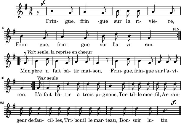 
\version "2.18.0"
\layout {
  indent = #10
  line-width = #150
}
 \relative c'' {
 \key g \major
 \time 3/8
 \autoBeamOff
\set Score.tempoHideNote = ##t
\override Score.BarNumber.break-visibility = #all-invisible
\tempo 4 = 110
\set Staff.midiInstrument = #"piccolo"
\partial 8 g8\rest^\markup{\hspace #2
  \dynamic .f. } | b4 g8 | a4 g8 | b b b | a4 g8 
b4 g8 | a4 g8 | b d b | g4^\markup { \bold  \hspace #12
  \smallCaps fin.} \bar ":|.|:" \break g8^\markup{ \rest-by-number #3 #0 \italic Voix seule, 
                       la reprise en choeur} | b4 d8
b4 g8 | a4 a8 | g4 c8\rest | b4 d8 | b4 g8 | a a a 
g4 \bar ":|." g8^\markup{
  \italic Voix seule}   | g4  b8 | d4 d8 | d4 d8 | b4 d8
d d d | d d d | d d d | d d d | d d d
d4 d8 | d4 d8 | b4.^\markup{\hspace #4
  \dynamic .f. } \bar "||" 
}
\addlyrics { Frin- gue, frin -gue sur la ri- viè- re,
             Frin- gue, frin- gue sur l’a- vi- ron. Mon père a 
             fait bâ- tir mai- son, Frin- gue, frin- gue sur l’a- vi-
             ron. L’a fait bâ- tir à trois pi- gnons, Tor-
             til- le mor- fil, Ar- ran- geur de fau- cil- les, Tri- bouil_ le mar-
             teau, Bon- soir lu- tin !
}
