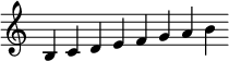 \relative b { \override Score.TimeSignature #'stencil = ##f \cadenzaOn b c d e f g a b }