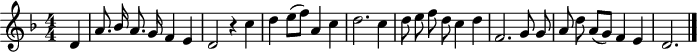 
music = {
    \language "english"
    {
        { \new PianoStaff <<
            { \new Staff <<
                \set Staff.midiInstrument = "violin"
                \relative c' {
                    \autoBeamOff
                    \set Score.tempoHideNote = ##t \tempo 4 = 100
                    \key d \minor
                    \time 4/4 \numericTimeSignature
                    
                    \stemUp \partial 4 d4 |
                    a'8. bf16 a8. g16 f4 e4 |
                    d2 r4 \stemDown c' |
                    d e8[( f)] \stemUp a,4 \stemDown c |
                    d2. c4 |
                    
                    d8 e f d c4 d |
                    \stemUp f,2. g8 g |
                    a \stemDown d \stemUp a[( g)] f4 e |
                    d2.
                    \bar "|."
                }
            >> }
        >> }
    }
}
\header {
    tagline = "" % no footer
}
\score {
  \music
  \layout { }
}
\score {
  \unfoldRepeats {
    \music
  }
  \midi { }
}
