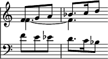 { \override Score.TimeSignature #'stencil = ##f \time 6/8 \partial 4. << \relative f' << { f8 g a | bes8. c16 d8 } \\ { f,4. ~ f } >> \new Staff { \clef bass \relative f' { f8 e ees | d8. c16 bes8 } } >> }