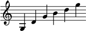 { \override Score.TimeSignature #'stencil = ##f \relative g { \cadenzaOn g4 d' g b d g } }