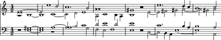 << \new Staff { \time 4/2 \key c \major <<
\new Voice { \relative e' { \stemUp e\breve ^~ | e2 e'1 d2 | c1. b2 | a\breve | gis1 r | e'1. d4 c | b1 c2 } }
\new Voice { \relative b { \stemDown r1 b _~ | b c _~ | c2 d e1 | a,2 c1 b4 a | b1 r2 e _~ | e fis gis a _~ | a gis a } } >> }
\new Staff { \clef bass \key c \major <<
\new Voice { \stemUp r1 gis ^~ | gis a ^~ | a2 b c'1 | d'2 e'1 d'2 | e'1 r | c'1. b4 a | b1 a2 }
\new Voice { \stemDown r1 e _~ | e r | a1. g2 | f e f1 | e r2 c _~ | c b,4 a, e1 _~ | e a,2 } >> } >> 