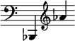 { \override Score.TimeSignature #'stencil = ##f \clef bass { bes,,4 \clef treble aes' } }