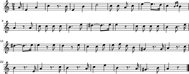 
\relative c'' {
  \override Rest #'style = #'classical
  \key a \minor
  \time 2/4
  \partial 16
  \autoBeamOff
  a16
  e4 a
  c r8. b16
  e,4 b'
  d2
  c8 c a c
  e4~ e8.[ d16]
  c4 \grace { b16[ c] } b4
  a r8 a
  c c c c

  b4. e8
  dis4~ dis8.[ e16]
  e4 r
  c8 c c c
  b4 b8. e16
  dis4~ dis8.[ e16]
  e4 r8 e
  d4 r8 e
  c4 c8 e
  e f d b

  gis4 r8. gis16
  a4 r8. c16
  b4 r8. e,16
  a4 r8. c16
  b4 r8. a16
  c4 e
  b r8. a16
  gis4. b8
  a4 r
  \bar "|."
}
