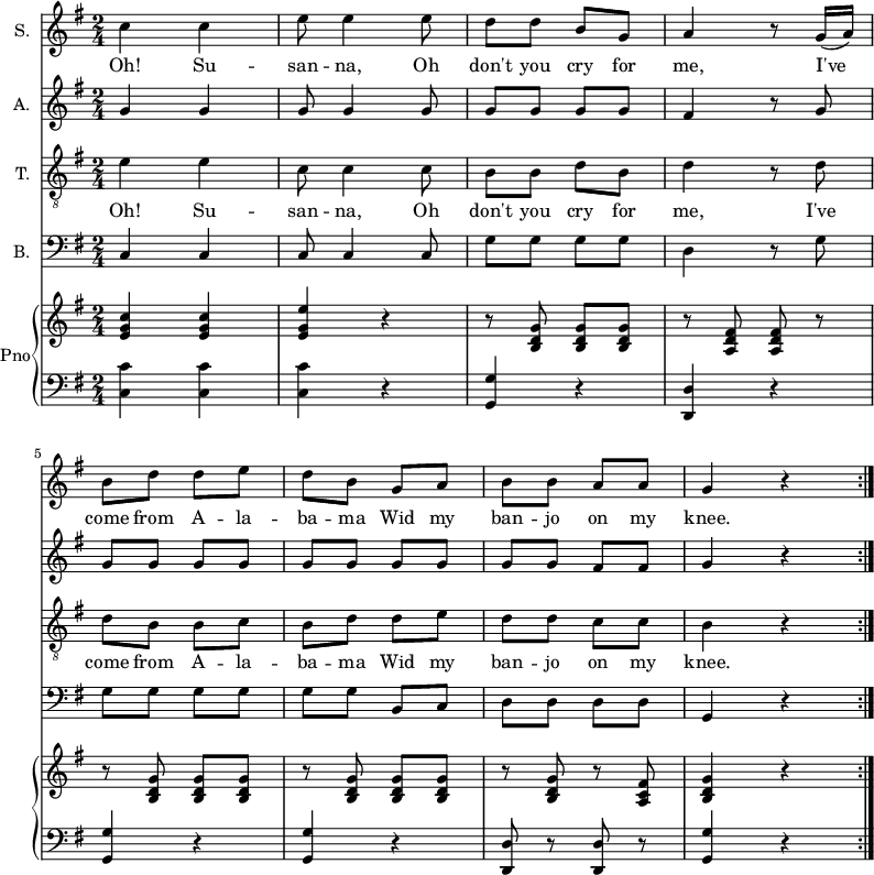 
<<
 \new Staff \with {
 instrumentName = "S."
 } {
 \relative c'' {
 \key g \major
 \numericTimeSignature
 \time 2/4
 \dynamicUp
 \repeat volta 2 {
 c4 c
 e8 e4 e8
 d d b g
 a4 r8 g16( a)
 \break
 b8 d d e
 d b g a
 b b a a g4 r
 }
 } }
 \addlyrics {
 \lyricmode {
 Oh! Su -- san -- na, Oh don't you cry for me,
 I've come from A -- la -- ba -- ma
 Wid my ban -- jo on my knee.
 } }
 \new Staff \with {
 instrumentName = "A."
 } {
 \relative c' {
 \key g \major
 \numericTimeSignature
 \time 2/4
 \dynamicUp
 \repeat volta 2 {
 g'4 g
 g8 g4 g8
 g g g g
 fis4 r8 g
 \break
 g g g g
 g g g g
 g g fis fis
 g4 r
 }
 } }
 \new Staff \with {
 instrumentName = "T."
 } {
 \clef "treble_8" \relative c' {
 \key g \major
 \numericTimeSignature
 \time 2/4
 \dynamicUp
 \repeat volta 2 {
 e4 e
 c8 c4 c8
 b b d b
 d4 r8 d
 \break
 d b b c
 b d d e
 d d c c
 b4 r
 }
 } }
 \addlyrics {
 \lyricmode {
 Oh! Su -- san -- na, Oh don't you cry for me,
 I've come from A -- la -- ba -- ma
 Wid my ban -- jo on my knee.
 } }
 \new Staff \with {
 instrumentName = "B."
 } {
 \clef bass \relative c {
 \key g \major
 \numericTimeSignature
 \time 2/4
 \dynamicUp
 \repeat volta 2 {
 c4 c
 c8 c4 c8
 g' g g g
 d4 r8 g
 \break
 g g g g
 g g b, c
 d d d d
 g,4 r
 }
 } }
 \new PianoStaff \with {
 instrumentName = "Pno"
 } <<
 \new Staff = "right" \with {
 midiInstrument = "acoustic grand"
 } \relative c'' {
 \key g \major
 \numericTimeSignature
 \time 2/4
 \repeat volta 2 {
 <e, g c>4 <e g c>
 <e g e'> r
 r8 <b d g> <b d g> <b d g>
 r <a d fis> <a d fis> r
 \break
 r8 <b d g> <b d g> <b d g>
 r <b d g> <b d g> <b d g>
 r <b d g> r <a c fis>
 <b d g>4 r
 }
 }
 \new Staff = "left" \with {
 midiInstrument = "acoustic grand"
 } {
 \clef bass \relative c' {
 \key g \major
 \numericTimeSignature
 \time 2/4
 \repeat volta 2 {
 <c, c'>4 <c c'>
 <c c'> r
 <g g'> r
 <d d'> r
 \break
 <g g'> r
 <g g'> r
 <d d'>8 r <d d'> r
 <g g'>4 r
 }
 } }
 >>
>>
