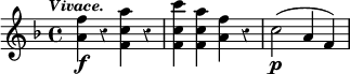 { \time 4/4 \key f \major \override Score.Rest #'style = #'classical \tempo \markup { \smaller \italic Vivace. } \relative f'' { <f a,>4\f r <a c, f,> r <c c, f,> <a c, f,> <f a,> r c2\p( a4 f) } }