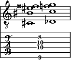  
<<
  %\override Score.BarLine.break-visibility = ##(#f #t #t)
  \time 2/1
    \new Staff  {
    \clef "treble_8"
        \once \override Staff.TimeSignature #'stencil = ##f
        <cis  bis eis' fisis' >1 | <des  c' f' g' >1 |
    }

     \new TabStaff {
       \override Stem #'transparent = ##t
       \override Beam #'transparent = ##t 
      s2 <cis\6  c'\4 f'\3 g'\2 >1 s2
  }
>>
