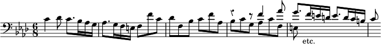 { \clef bass \override Score.Rest #'style = #'classical \time 6/8 \key f \minor << { \stemDown c'4 des'8 c'8. bes16 aes g } \\ { R } >> aes8. g16 f e f8 f' c' | des' f bes c' f' aes | << { \stemUp r4 r8 f'4 aes'8 | g'8. f'16 e' d' e'8. d'16 c' b | c'8 } \\ { \stemDown bes8 c' g aes c' f | e s_"etc." } >> }