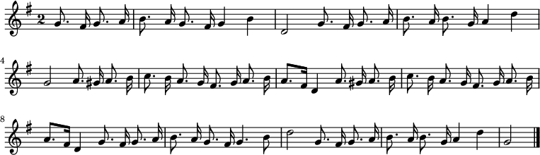 
\relative c'' {
  \key g \major
  \override Staff.TimeSignature #'style = #'single-digit
  \time 2/2
  \partial 2
  \autoBeamOff
  g8. fis16 g8. a16
  b8. a16 g8. fis16 g4 b
  d,2 g8. fis16 g8. a16
  b8. a16 b8. g16 a4 d
  g,2 a8. gis16 a8. b16

  c8. b16 a8. g16 fis8. g16 a8. b16
  a8.[ fis16] d4 a'8. gis16 a8. b16
  c8. b16 a8. g16 fis8. g16 a8. b16
  a8.[ fis16] d4 g8. fis16 g8. a16

  b8. a16 g8. fis16 g4. b8
  d2 g,8. fis16 g8. a16
  b8. a16 b8. g16 a4 d
  g,2
  \bar "|."
}
