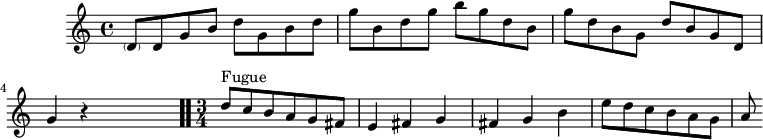 
\version "2.18.2"
\header {
  tagline = ##f
}

\score {
  \new Staff \with {

  }
<<
  \relative c' {
    \key c \major
    \time 4/4
    \tempo 4 = 60
    \tempo "Adagio"
    \set Staff.midiInstrument = #"harpsichord" 
    \override TupletBracket #'bracket-visibility = ##f 

     %%%% Scarlatti, Toccata secondo en sol majeur, R.538.9 (RISM:451023703)
     \parenthesize d8 d g b d g, b d | g b, d g b g d b g' d b g d' b g d | g4 r4 s2 \bar ".."

     \time 3/4
      d'8^\markup{Fugue} c b a g fis e4 fis g fis g b e8 d c b a g | a

  }
>>
  \layout {
     \context { \Score \remove "Metronome_mark_engraver" }
  }
  \midi {}
}
