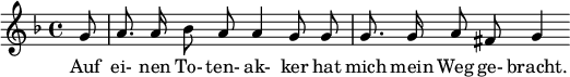 
{\ new Staff << \ relative c '' {\ set Staff.midiInstrument = # "кларнет" \ tempo 4 = 45 \ set Score.tempoHideNote = ## t \ key f \ major \ time 4/4 \ autoBeamOff \ set Score.currentBarNumber = # 5 \ set Score.barNumberVisibility = # all-bar-numbers-visible \ bar "" \ partial 8 g8 |  а8.  a16 bes8 a a4 g8 g |  g8.  g16 a8 fis8 g4} \ addlyrics {Auf einen Toten- akker hat mich mein Weg gebracht.  } >>}