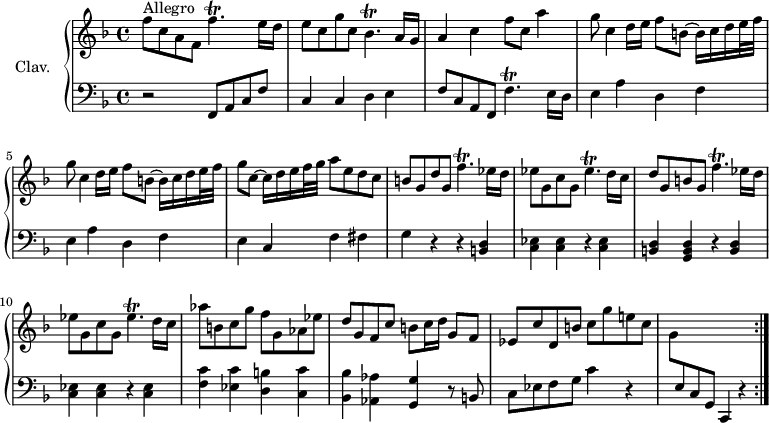 
\version "2.18.2"
\header {
  tagline = ##f
  % composer = "Domenico Scarlatti"
  % opus = "K. 59"
  % meter = "Allegro"
}

%% les petites notes
trillFpUp     = { \tag #'print { f'4.\trill } \tag #'midi { g32 f g f~ f4 } }
trillEESpUp   = { \tag #'print { ees'4.\trill } \tag #'midi { f32 ees f ees~ ees4 } }
trillBesp     = { \tag #'print { bes4.\trill } \tag #'midi { c32 bes c bes~ bes4 } }

upper = \relative c'' {
  \clef treble 
  \key f \major
  \time 4/4
  \tempo 4 = 110
  \set Staff.midiInstrument = #"harpsichord"
  \override TupletBracket.bracket-visibility = ##f

 \repeat volta 2 {
      s8*0^\markup{Allegro}
      f8 c a f \trillFpUp e16 d | e8 c g' c, \trillBesp a16 g |
      % ms. 3
      a4 c f8 c a'4 | \repeat unfold 2 { g8 c,4 d16 e f8 b,~ b16 c d e32 f } | 
      % ms. 6
      g8 c,~ c16 d e f32 g | a8 e d c | b g d' g, \trillFpUp  ees16 d | ees8 g, c g \trillEESpUp d16 c |
      % ms. 9
      d8 g, b g \trillFpUp  ees16 d |  ees8 g, c g \trillEESpUp d16 c | aes'8 b, c g' f g, aes ees' |
      % ms. 12
      d8 g, f c' b c16 d g,8 f | ees c' d, b' c g' e! c | s1 }%reprise

}

lower = \relative c' {
  \clef bass
  \key f \major
  \time 4/4
  \set Staff.midiInstrument = #"harpsichord"
  \override TupletBracket.bracket-visibility = ##f

 \repeat volta 2 {
    % ************************************** \appoggiatura a8  \repeat unfold 2 {  } \times 2/3 { }   \omit TupletNumber 
      r2 f,,8 a c f | c4 c d e |
      % ms. 3
      f8 c a f \trillFpUp e16 d | \repeat unfold 2 { e4 a d, f } |
      % ms. 6
      e4 c f fis | g r4 r4 < b, d >4 | < c ees > q r4 q |
      % ms. 9
      < b d >4 < g b d > r4 < b d >4 | < c ees > q r4 q | < f c' > < ees c' > < d b' > < c c' > |
      % ms. 12
      < bes bes' >4 < aes aes' > < g g' > r8 b8 | c ees f g c4 r4 | \stemDown \change Staff = "upper" g'8 \stemUp \change Staff = "lower" e, c g | c,4 r4 }%reprise

}

thePianoStaff = \new PianoStaff <<
    \set PianoStaff.instrumentName = #"Clav."
    \new Staff = "upper" \upper
    \new Staff = "lower" \lower
  >>

\score {
  \keepWithTag #'print \thePianoStaff
  \layout {
      #(layout-set-staff-size 17)
    \context {
      \Score
     \override SpacingSpanner.common-shortest-duration = #(ly:make-moment 1/2)
      \remove "Metronome_mark_engraver"
    }
  }
}

\score {
  \keepWithTag #'midi \thePianoStaff
  \midi { }
}
