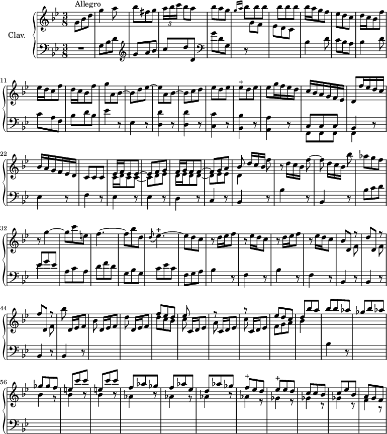 
\version "2.18.2"
\header {
  tagline = ##f
  % composer = "Domenico Scarlatti"
  % opus = "K. 97"
  % meter = "Allegro"
}

%% les petites notes
trillEesq      = { \tag #'print { ees8^\markup{+} } \tag #'midi { f32 ees f ees } }
trillEespq     = { \tag #'print { ees4.~^\markup{+} } \tag #'midi { f32 ees f ees~ ees4 } }
trillFq      = { \tag #'print { f8^\markup{+} } \tag #'midi { ges32 f ges f } }

upper = \relative c'' {
  \clef treble 
  \key g \minor
  \time 3/8
  \tempo 4. = 78

      s8*0^\markup{Allegro}
      g8 bes d | g4 a8 | bes8 fis g | \times 2/3 { a16[ bes c] } bes8 a | bes a g | \grace { g16 a } \repeat unfold 6 { bes8 } | bes16 a g8 f |
      % ms. 9
      ees8 d c | d16 c bes8 f' | ees16 d c8 f | d16 c bes8 f' | g a, bes~ | bes d ees~ | ees a, bes~ | bes c d | ees d ees |
      % ms. 18
      \trillEesq d ees | ees g16 f ees d | c bes a g f ees | d8 f'16 ees d c | bes a g f ees d | c8 c c | 
      << { ees16 f ees8 ees~ | ees f g | f16 g f8 f~ | f g a | bes8 \omit TupletNumber  \times 2/3 { d16[ c bes] } } 
       \\ { c,16 d c8 c~ | c d ees | d16 ees d8 d~ | d ees ees | d4 } >> 
      % ms. 28 fin…
      f'8 | r8 \omit TupletNumber \times 2/3 { d16[ c bes] } f'8~ | f  \times 2/3 { d16[ c bes] } bes'8 | aes g f | r8 g4~ | g8 c e, |
      % ms. 36
      f4.~ | f8 bes d, | \appoggiatura d8 \trillEespq | ees8 d c | \repeat unfold 2 { r8 d16 ees f8 | r8 ees16 d c8 } |
      % ms. 42
      << { bes8 d, r8 | d'8 d, r8 | f'8 d, r8 } 
       \\ { \repeat unfold 3 { s4 f8 } } >> 
      bes'8 d,,16[ ees f8] | bes8 d,16[ ees f8] | d'8 d,16[ ees f8] |
      << { f'8 ees d | ees } \\ { d8 c bes | c } >> | c,16 d ees8 |
      % ms. 50
      << { \repeat unfold 2 { r8 c16 d ees8 } } 
       \\ { a8 s4 | c8 s4 } >> |
      \stemUp ees8 d c | d bes' a | bes bes aes | ges bes aes | ges ges f |  \repeat unfold 2 { e c' c } |
      % ms. 59
      f,8 aes ges | f aes ees | d aes' ges | \trillFq ees8 d | \trillEesq ees8 d | c c bes | c ees bes | a g f |

}

lower = \relative c' {
  \clef bass
  \key g \minor
  \time 3/8

    % ************************************** \appoggiatura a16  \repeat unfold 2 {  } \times 2/3 { }   \omit TupletNumber 
      R4. | g8 bes d |   \clef treble g a bes | c d d,   \clef bass | g d g, | r8 \stemDown \change Staff = "upper"  g' f ees d c | \stemNeutral \change Staff = "lower"  bes4 d8 |
      % ms. 9
      c8 bes a | bes4 d8 | c8 a f | bes d bes | ees4 r8 | ees,4 r8 | \repeat unfold 2 { < d d' >4 r8 } | < c c' >4 r8 |
      % ms. 18
      < bes bes' >4 r8 | < a a' >4 r8 | << { c8 c c | bes4 } \\ { f8 f f | f4 } >> r8 | ees'4 r8 | f4 r8 | \repeat unfold 2 { ees4 r8 } | 
      % ms. 26
      d4 r8 | c4 r8 | bes4 r8 | bes'4 r8 | bes,4 r8 | bes'8 c d | << { ees8 g ees } \\ { ees4 } >> | a,8 c a |
      % ms. 34
      d8 f d | g, bes g | c ees c | f, g a | \repeat unfold 2 { bes4 r8 | f4 r8 } | 
      % ms. 42
      \repeat unfold 4 { bes,4 r8 } s4.*6 \stemDown \change Staff = "upper" |
      % ms. 52
      f''8 g a | bes4 s8 | \stemNeutral \change Staff = "lower" bes,4 r8 | s4. |
      \stemDown \change Staff = "upper"  \repeat unfold 3 { bes'4 r8 } |
      % ms. 59
      \repeat unfold 4 { aes4 r8 } | \repeat unfold 3 { ges4 r8 } | f4 r8 |

}

thePianoStaff = \new PianoStaff <<
    \set PianoStaff.instrumentName = #"Clav."
    \new Staff = "upper" \upper
    \new Staff = "lower" \lower
  >>

\score {
  \keepWithTag #'print \thePianoStaff
  \layout {
      #(layout-set-staff-size 17)
    \context {
      \Score
     \override TupletBracket.bracket-visibility = ##f
     \override SpacingSpanner.common-shortest-duration = #(ly:make-moment 1/2)
      \remove "Metronome_mark_engraver"
    }
  }
}

\score {
  \keepWithTag #'midi \thePianoStaff
  \midi { \set Staff.midiInstrument = #"harpsichord" }
}
