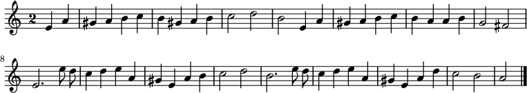 
\relative c' {
  \key a \minor
  \override Staff.TimeSignature #'style = #'single-digit
  \time 2/2
  \partial 2
  \autoBeamOff
  e a
  gis a b c
  b gis a b
  c2 d
  b e,4 a
  gis a b c
  b a a b
  g2 fis

  e2. e'8 d
  c4 d e a,
  gis e a b
  c2 d
  b2. e8 d
  c4 d e a,
  gis e a d
  c2 b
  a
  \bar "|."
}
