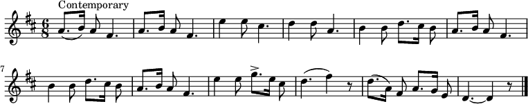 
\transpose c d \relative c'' {
  \key c \major \set Staff.midiInstrument = #"acoustic guitar (nylon)"
  \time 6/8 \set Score.tempoHideNote = ##t \tempo 4 = 60 \autoBeamOff
  g8.^"Contemporary" [(a16)] g8 e4. | g8. [a16] g8 e4. | d'4 d8 b4. | c4 c8 g4. | a4 a8 c8. [b16] a8 | g8. [a16] g8 e4. |
  a4 a8 c8. [b16] a8 | g8. [a16] g8 e4. | d'4 d8 f8.-> [d16] b8 | c4. (e4) r8 | c8. [(g16)] e8 g8. [f16] d8 | c4.~ c4 r8 \bar "|."
}

