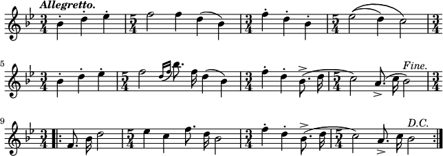 
\version "2.16.2"
\header {
  tagline = ##f
}
\score {
  <<
    \new Voice {
      \autoBeamOff
      \relative c'' {
        \clef treble
        \key bes \major
        \time 3/4
        \tempo \markup { \italic { Allegretto. } } 
bes-. d-. ees-. | \time 5/4 f2 f4 \bar ":" d (bes) | \time 3/4 f'-. d-. bes-. | \time 5/4 ees2 \( (d4) \bar ":" c2 \) | \break
\time 3/4 bes4-. d-. ees-. | \time 5/4 f2 \acciaccatura { d16 [f] } bes8. f16 \bar ":" | d4 (bes) | \time 3/4 f'-. d-. bes8.-> (d16 | \time 5/4 c2) a8.-> (c16 \bar ":" bes2)^\markup { \italic {Fine.} } \break
\repeat volta 2 { \time 3/4 f8. bes16 d2 | \time 5/4 ees4 c f8. d16 \bar ":" bes2 | \time 3/4 f'4-. d-. bes8.-> ( d16 | \time 5/4 c2) a8.-> (c16 \bar ":" bes2^\markup { \italic { D.C.}} }
      }
    }
  >>
  \layout { 
    indent = #00
    line-width = #160
   %ragged-last = ##t
  }
  \midi {
    \context {
      \Score
      tempoWholesPerMinute = #(ly:make-moment 120 4)
    }
  }
}
