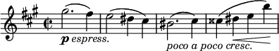  \relative g'' { \key a \major \time 2/2 gis2._\markup { \dynamic p \italic espress. }( fis4) | e2( dis4 cis) | bis2._\markup { \italic { poco a poco cresc. } }( cis4) | cisis( dis\< e b'\!) }