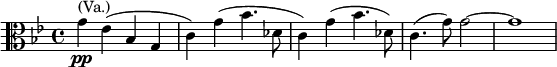  \relative g' { \clef alto \key g \minor \time 4/4 g^\markup { (Va.)}\pp es( bes g | c) g'( bes4. des,8 | c4) g'( bes4. des,8) | c4.( g'8) g2~ | g1 }