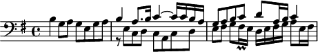 
\version "2.18.2"
\header {
  tagline = ##f
  % composer = "Johann Pachelbel"
  % opus = "Ich ruf zu dir, Herr Jesu Christ, P.45"
  % meter = ""
}

\score {
<<
  \relative c' {
    \clef bass
    \key g \major
    \time 4/4
    \override TupletBracket #'bracket-visibility = ##f 

     %s8*0^\markup{Aria}
     b4 g8 a g e g a |
     << { b4 a8. b16 c4~ c16 c b a | g8 a b c d a16 b c4 } 
     \\ { r8 e,8 c d c a c d  | e fis g fis16\prall e16 d e fis g a8 e16 fis } >>

  }
>>
  \layout {
     #(layout-set-staff-size 17)
     \context { \Score \remove "Metronome_mark_engraver" 
     \override SpacingSpanner.common-shortest-duration = #(ly:make-moment 1/2)
     }
  }
}
