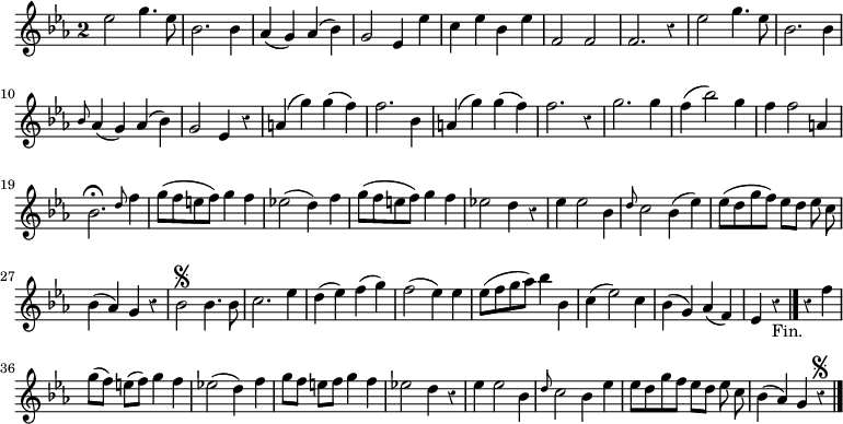 
\relative c'' {
  \override Rest #'style = #'classical
  \key es \major
  \override Staff.TimeSignature #'style = #'single-digit
  \time 2/2
  \autoBeamOff
  es2 g4. es8
  bes2. bes4
  aes( g) aes( bes)
  g2 es4 es'
  c es bes es
  f,2 f
  f2. r4
  es'2 g4. es8

  bes2. bes4
  \grace bes8 aes4( g) aes( bes)
  g2 es4 r
  a( g') g( f)
  f2. bes,4
  a( g') g( f)
  f2. r4
  g2. g4
  f4( bes2) g4

  f4 f2 a,4
  bes2.\fermata \grace d8 f4
  g8[( f e f]) g4 f
  es!2( d4) f
  g8[( f e f]) g4 f
  es!2 d4 r
  es4 es2 bes4
  \grace d8 c2 bes4( es)

  es8[( d g f]) es[ d] es c
  bes4( aes) g r
  bes2\segno bes4. bes8
  c2. es4
  d( es) f( g)
  f2( es4) es
  es8[( f g aes]) bes4 bes,

  c4( es2) c4
  bes( g) aes( f)
  es r_"Fin." \bar "|." r f'
  g8[( f]) e[( f]) g4 f
  es!2( d4) f
  g8[ f] e[ f] g4 f
  es!2 d4 r

  es es2 bes4
  \grace d8 c2 bes4 es
  es8[ d g f] es[ d] es c
  bes4( aes) g r\segno
  \bar "|."
}
