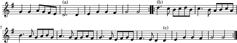 { \override Score.TimeSignature #'stencil = ##f \time 4/4 \key g \major \relative g' { \repeat volta 2 { g4 g a8 g fis e d2.^"(a)" d4 e g g fis g2 g } \repeat volta 2 { d'4.^"(b)" c8 b[ c d b] | c4. b8 a b c a | b4. a8 g a b g | a4. g8 fis g a fis | g4. fis8 e fis g e | fis4. e8 d4 d^"(c)" e g g fis | g2 g } } }