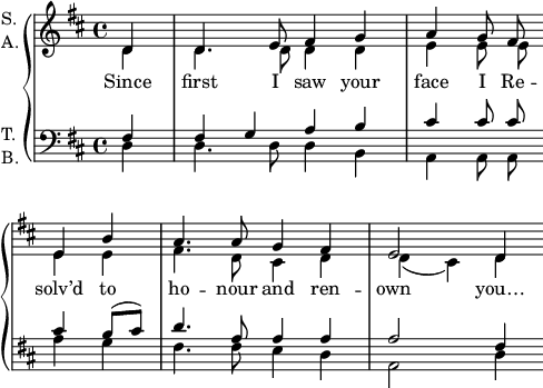 
\language "italiano"
global = { \clef treble \key re \major \autoBeamOff }
sopMusic = \relative do' {
  \partial 4 re4 | re4. mi8 fad4 sol | la4 sol8 fad \bar "" \break
  \override Score.Clef.break-visibility = ##(#f #f #f)
  mi4 si' | la4. la8 sol4 fad4 | mi2 re4
}
altoMusic = \relative do' {
  \mergeDifferentlyHeadedOn
  \key re \major
  \partial 4 re4 | re4. re8 re4 re | mi mi8 mi \bar "" \break
  mi4 mi | fad4. re8 dod4 re | re4( dod) re
}
tenorMusic = \relative do {
  \clef bass
  \key re \major
  \autoBeamOff
  \partial 4 fad4 | fad sol la si | dod dod8 dod \bar "" \break
  dod4 si8[( dod]) | re4. la8 la4 la | la2 fad4
}
basMusic = \relative do {
  \clef bass
  \key re \major
  \autoBeamOff
  \partial 4 re4 | re4. re8 re4 si | la4 la8 la8 \bar "" \break
  la'4 sol | fad4. fad8 mi4 re | la2 re4
}
sopWords = \lyricmode {
  Since first I saw your face I Re -- solv’d to ho -- nour and ren -- own you…
}
\score {
  <<  
    \new PianoStaff <<
      \new Staff \with { instrumentName = \markup { \column { "S." \line { "A." }}}}
      <<
        \new Voice = "sopranos" {
          \voiceOne
          \global
          \sopMusic
        }
        \new Voice = "altos" {
          \voiceTwo
          \global
          \altoMusic
        }
      >>
      \new Lyrics = sopranos
      \new Staff \with { instrumentName = \markup { \column { "T." \line { "B." }}}}
      <<
        \new Voice = "tenors" {
          \voiceOne
          \tenorMusic
        }
        \new Voice = "basses" {
          \voiceTwo
          \basMusic
        }
      >>
    \context Lyrics = sopranos \lyricsto sopranos \sopWords
    >>  % end PianoStaff
  >>
    \layout {
    \context { \Staff \RemoveEmptyStaves }
    indent = 0.5\cm
    \override Score.BarNumber #'stencil = ##f
    line-width = #120
  }
  \midi { }
}
\header { tagline = ##f}
