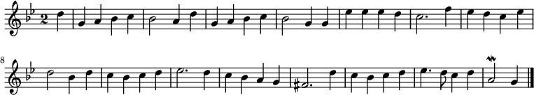 
\relative c'' {
  \key g \minor
  \override Staff.TimeSignature #'style = #'single-digit
  \time 2/2
  \partial 4
  \autoBeamOff
  d
  g, a bes c
  bes2 a4 d
  g, a bes c
  bes2 g4 g
  es' es es d
  c2. f4
  es d c es

  d2 bes4 d
  c bes c d
  es2. d4
  c bes a g
  fis2. d'4
  c bes c d
  es4. d8 c4 d
  a2\mordent g4
  \bar "|."
}
