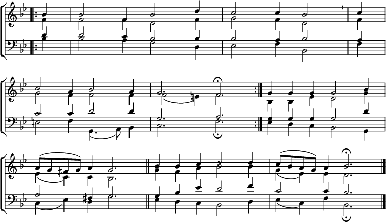 
\new ChoirStaff <<
  \new Staff { \clef treble \time 6/4 \key bes \major \partial 4 \set Staff.midiInstrument = "church organ" \omit Staff.TimeSignature \set Score.tempoHideNote = ##t \override Score.BarNumber  #'transparent = ##t
  \relative c''
  << { \bar".|:" bes4 | 2 f4 bes2 d4 | c2 4 bes2 \breathe \bar"||" c4 \break
       c2 a4 bes2 a4 | g2. f \fermata \bar":|." g4 g g g2 bes4 \break
       a8( g fis g) a4 g2. \bar"||" bes4 4 c d2 4 | c8( bes a g) a4 bes2. \fermata \bar"|." } \\
  { f4 | 2 4 d2 f4 | g2 f4 d2 f4
    g2 f4 2 4 | 2( e4) f2. | bes,4 4 es d2 g4
    es( c) c bes2. | g'4 f a bes2 4 | g( es) es d2. } >>
  } 
\new Staff { \clef bass \key bes \major \set Staff.midiInstrument = "church organ" \omit Staff.TimeSignature
  \relative c'
  << { d4 | 2 c4 bes2 4 | 2 a4 bes2 a4
       c2 4 d2 4 | g,2. a | g4 4 4 2 d'4
       a2 fis4 g2. | 4 bes es d2 f4 | c2 4 bes2. } \\
  { bes4 | 2 a4 g2 d4 | es2 f4 bes,2 f'4
    e2 f4 g,4.( a8) bes4 | c2. f \fermata | es4 d c bes2 g4
    c( es) d g2. | es4 d c bes2 d4 | es( c) f bes,2. \fermata} >>
  } 
>>
\layout { indent = #0 }
\midi { \tempo 4 = 120 }
