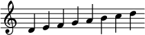 \relative d' { \override Score.TimeSignature #'stencil = ##f \cadenzaOn d e f g a b c d }