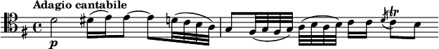 
\version "2.18.2"
\relative c'' {
  \key g \major
  \time 4/4
  \tempo "Adagio cantabile"
  \tempo 4 = 40
  \clef tenor d,2\p dis16 (e) e8~ e d32 (c b a)
  g8 fis32 (g fis g) a (b a b) c16\noBeam [c] \acciaccatura d c8\trill [b]
}
