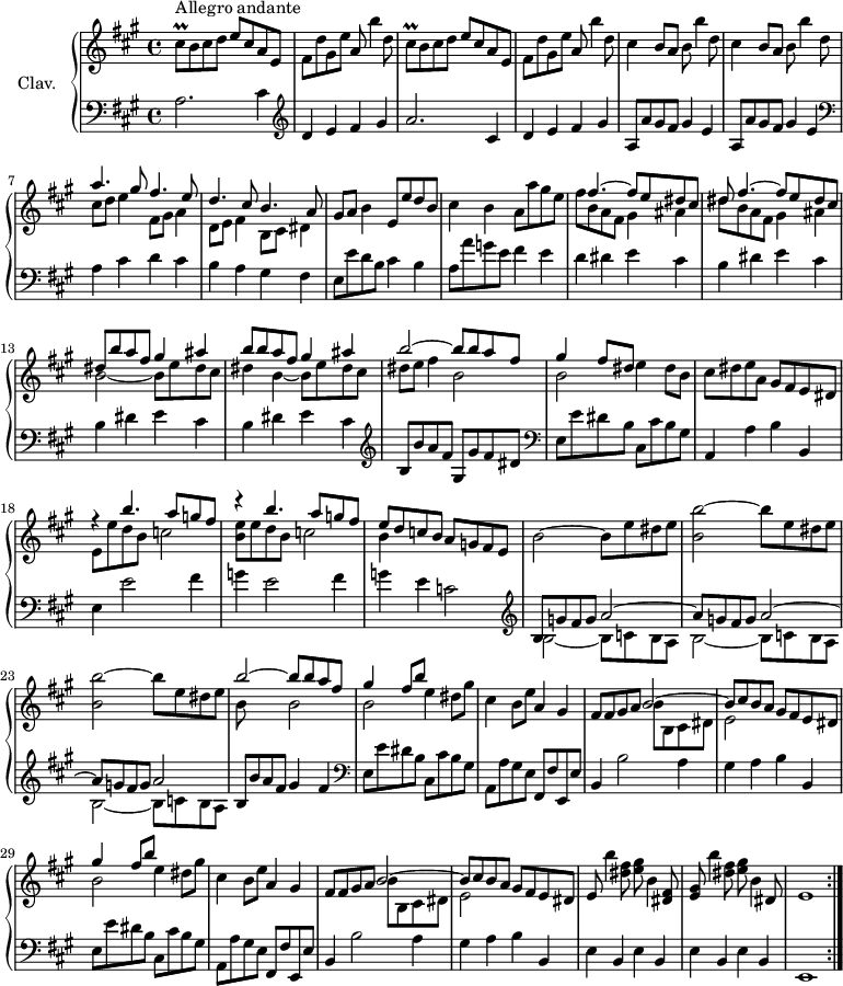 
\version "2.18.2"
\header {
 tagline = ##f
 % composer = "Domenico Scarlatti"
 % opus = "K. 343"
 % meter = "Allegro andante"
}

%% les petites notes
trillCisq = { \tag #'print { cis8\prall } \tag #'midi { d32 cis d cis } }

upper = \relative c'' {
 \clef treble 
 \key a \major
 \time 4/4
 \tempo 2 = 72

 \repeat volta 2 {
 s8*0^\markup{Allegro andante}
 \repeat unfold 2 { \trillCisq b8 cis d e cis a e |
 % ms. 4
 fis d' gis, e' a, b'4 d,8 } | \repeat unfold 2 { cis4 b8 a b b'4 d,8 } |
 << { a'4. gis8 fis4. e8 | d4. cis8 b4. a8 } 
 \\ { cis8 d e4 fis,8 gis a4 | d,8 e fis4 b,8 cis dis4 } >>
 % ms. 9
 gis8 a b4 e,8 e' d b | cis4 b a8 a' gis e |
 % ms. 11
 << { s8 fis4.~ fis8 e dis cis | dis fis4.~ fis8 e dis cis | dis b' a fis gis4 ais | b8 b a fis gis4 ais | b2~ b8 b a fis | gis4 fis8 dis } 
 \\ { fis8 b, a fis gis4 ais | dis8 b a fis gis4 ais | b2~ b8 e dis cis | dis4 b~ b8 e dis cis | dis e fis4 b,2 | b2 } >>
 % ms. 16 suite
 e4 dis8 b | cis dis e a, gis fis e dis |
 << { r4 b''4. a8 g fis | r4 b4. a8 g fis } 
 \\ { e,8 e' d b c2 | < b e >8 e d b c2 } >>
 % ms. 20
 << { e8 d c b } \\ { b4 } >> a8 g fis e | b'2~ b8 e dis e | \repeat unfold 2 { < b b' >2~ b'8 e, dis e } | 
 % ms. 24
 << { b'2~ b8 b a fis } \\ { b,8 s8 s4 b2 } >> |
 \repeat unfold 2 { << { gis'4 fis8 b } \\ { b,2 e4 } >> dis8 gis | cis,4 b8 e a,4 gis |
 % ms. 27
 fis8 fis gis a 
 << { b2~ | b8 cis b a } \\ { b8 b, cis dis | e2 } >> gis8 fis e dis }%finrepet |
 % ms. 33
 e8 b''4 < dis, fis >8 < e gis > b4 < dis, fis >8 | < e gis > b''4 < dis, fis >8 < e gis > b4 dis,8 | e1 }%repet

}

lower = \relative c' {
 \clef bass
 \key a \major
 \time 4/4

 \repeat volta 2 {
 % ************************************** \appoggiatura a16 \repeat unfold 2 { } \times 2/3 { } \omit TupletNumber 
 a2. cis4 \clef treble | d e fis gis | a2. cis,4 |
 % ms. 4
 d4 e fis gis | \repeat unfold 2 { a,8 a' gis fis gis4 e } \clef bass | a,4 cis d cis |
 % ms. 8
 b4 a gis fis | e8 e' d b cis4 b | a8 a' g e fis4 e | d dis e cis |
 % ms. 12
 \repeat unfold 3 { b4 dis e cis } \clef treble | b8 b' a fis gis, gis' fis dis \clef bass |
 % ms. 16
 e,8 e' dis b cis, cis' b gis | a,4 a' b b, | e e'2 fis4 | g e2 fis4 |
 % ms. 20
 g4 e c2 \clef treble | << { b8 \repeat unfold 2 { g' fis g a2~ | a8 } g fis g a2 } \\ { \repeat unfold 3 { b,2~ b8 c b a } | } >>
 % ms. 24
 b8 b' a fis gis4 fis \clef bass | \repeat unfold 2 { e,8 e' dis b cis, cis' b gis | a, a' gis e fis, fis' e, e' | b4 b'2 a4 |
 % ms. 28
 gis4 a b b, }|
 % ms. 33
 \repeat unfold 4 { e b } | e,1 }%repet

}

thePianoStaff = \new PianoStaff <<
 \set PianoStaff.instrumentName = #"Clav."
 \new Staff = "upper" \upper
 \new Staff = "lower" \lower
 >>

\score {
 \keepWithTag #'print \thePianoStaff
 \layout {
 #(layout-set-staff-size 17)
 \context {
 \Score
 \override TupletBracket.bracket-visibility = ##f
 \override SpacingSpanner.common-shortest-duration = #(ly:make-moment 1/2)
 \remove "Metronome_mark_engraver"
 }
 }
}

\score {
 \unfoldRepeats
 \keepWithTag #'midi \thePianoStaff
 \midi { \set Staff.midiInstrument = #"harpsichord" }
}
