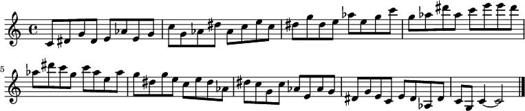 
{

\modalTranspose c c' { c dis e g aes } { c8 dis g } 
\modalTranspose c dis' { c dis e g aes } { c dis g } 
\modalTranspose c e' { c dis e g aes } { c dis g } 
\modalTranspose c g' { c dis e g aes } { c dis g } 
\modalTranspose c aes' { c dis e g aes } { c dis g } 
\modalTranspose c c'' { c dis e g aes } { c dis g } 
\modalTranspose c dis'' { c dis e g aes } { c dis g } 
\modalTranspose c e'' { c dis e g aes } { c dis g } 
\modalTranspose c g'' { c dis e g aes } { c dis g } 
\modalTranspose c aes'' { c dis e g aes } { c dis g } 

\modalInversion c e''' { c dis e g aes } { c dis g } 
\modalInversion c dis''' { c dis e g aes } { c dis g } 
\modalInversion c c''' { c dis e g aes } { c dis g } 
\modalInversion c aes'' { c dis e g aes } { c dis g } 
\modalInversion c g'' { c dis e g aes } { c dis g } 
\modalInversion c e'' { c dis e g aes } { c dis g } 
\modalInversion c dis'' { c dis e g aes } { c dis g } 
\modalInversion c c'' { c dis e g aes } { c dis g } 
\modalInversion c aes' { c dis e g aes } { c dis g } 
\modalInversion c g' { c dis e g aes } { c dis g } 
\modalInversion c e' { c dis e g aes } { c dis g } 
\modalInversion c dis' { c dis e g aes } { c dis g } 

c'4~ c'2

\bar "|."
}
